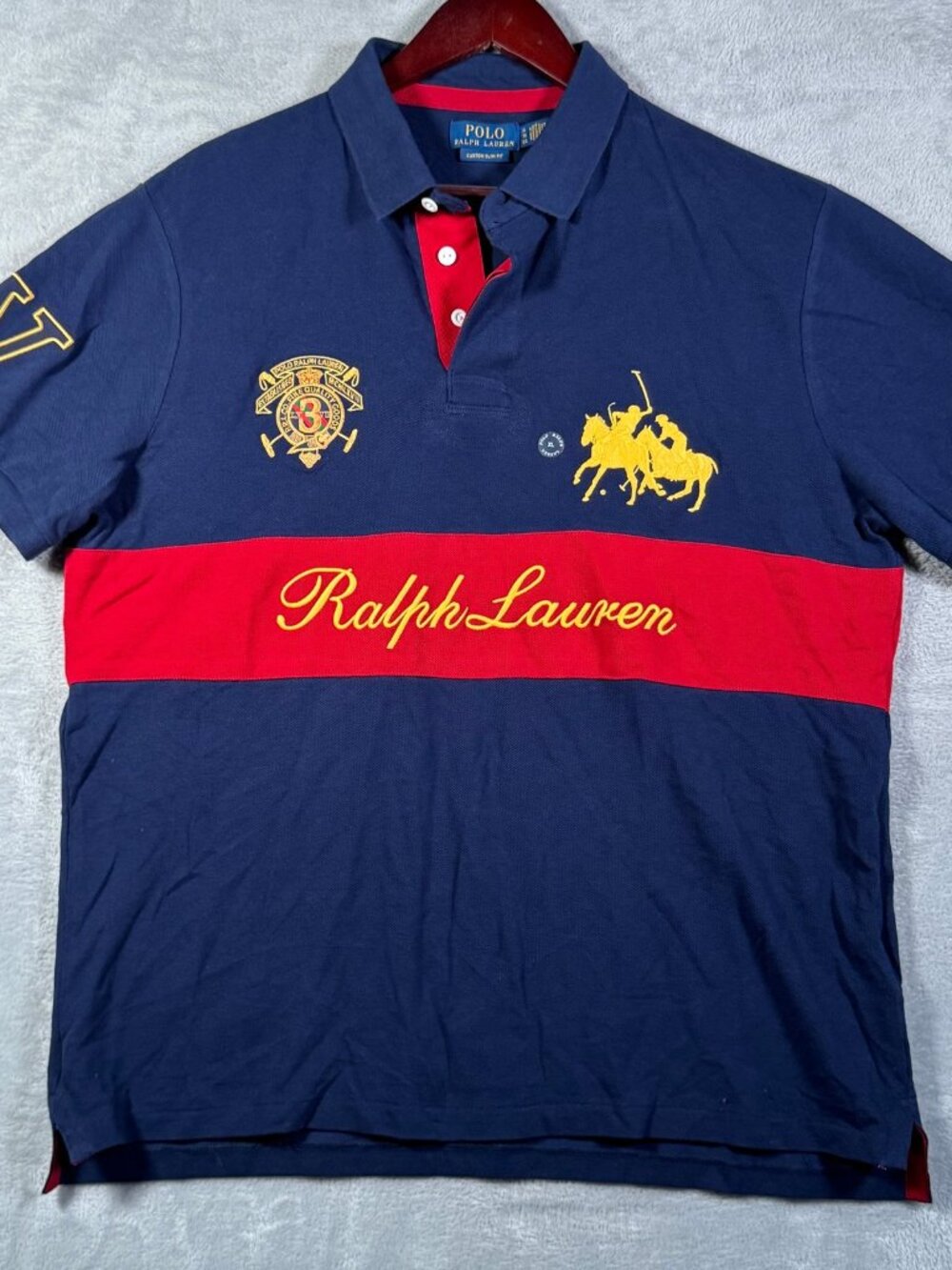 Polo Ralph Lauren Shirt Mens XL Blue Red Custom SLIM Fit Triple Pony Crest